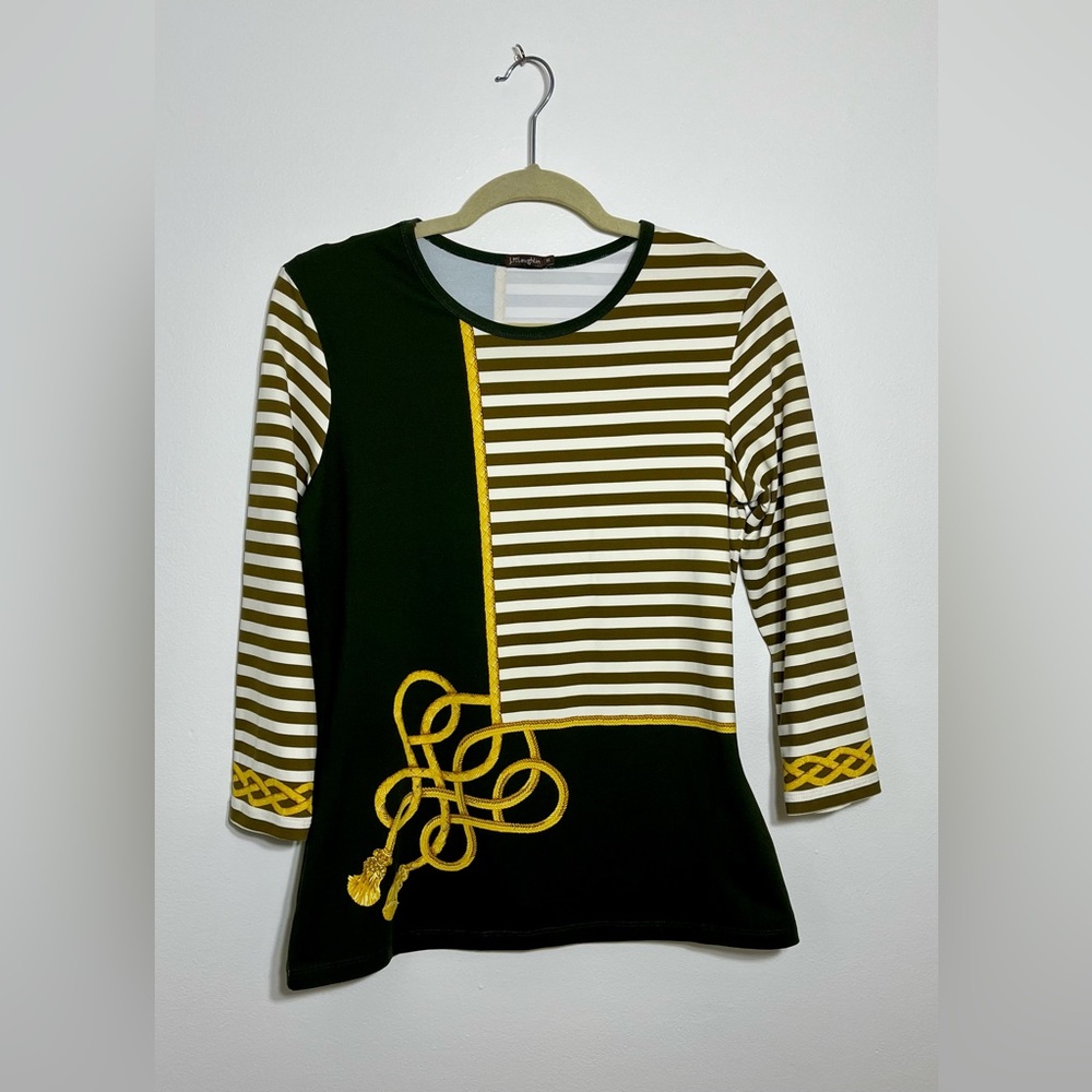 J. McLaughlin Signature Top Medium Catalina Cloth 3/4 Sleeve Gold Tassel